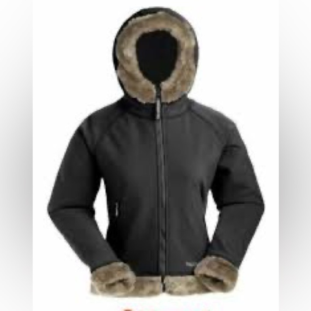 Marmot soft shell hooded jacket w/ faux fur trim. Size medium.